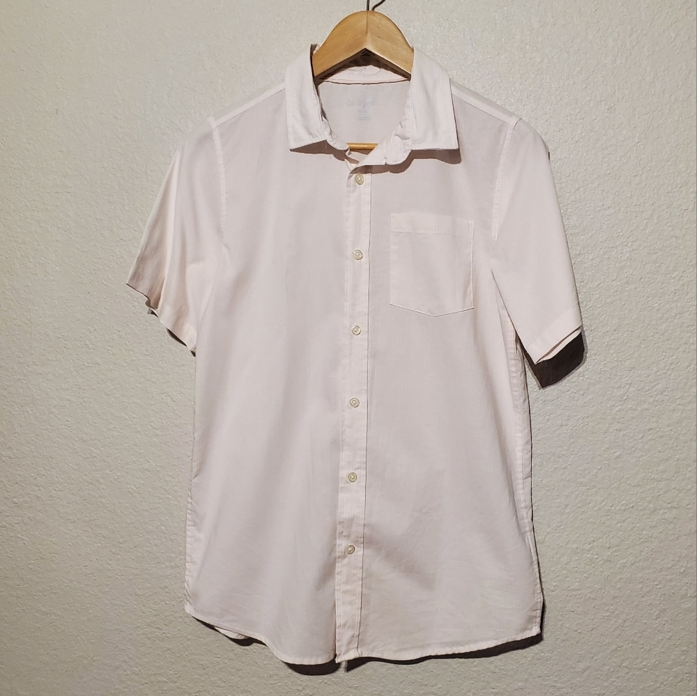 Cat & Jack Boys XLarge 16 Peach & White Stripe Button Down Short Sleeve Shirt